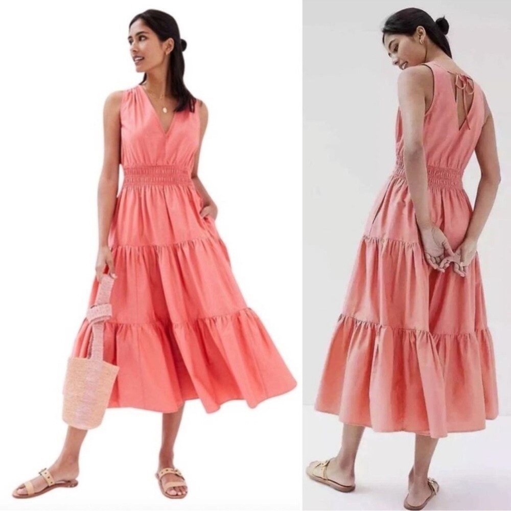 Anthropologie Maeve Coral Rose V Neck Tiered MIDI Dress